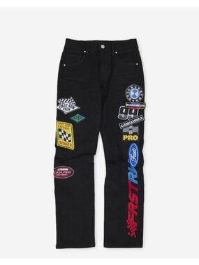 First Row Racing Pants Youth Med Black Stone Denim Patches Fast Crew Winner 920